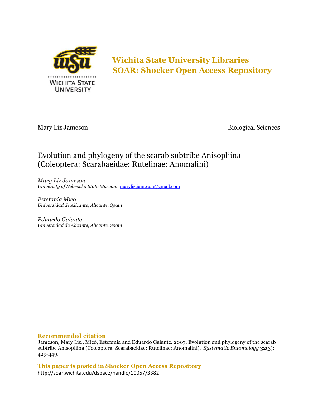 Shocker Open Access Repository Evolution and Phylogeny of The