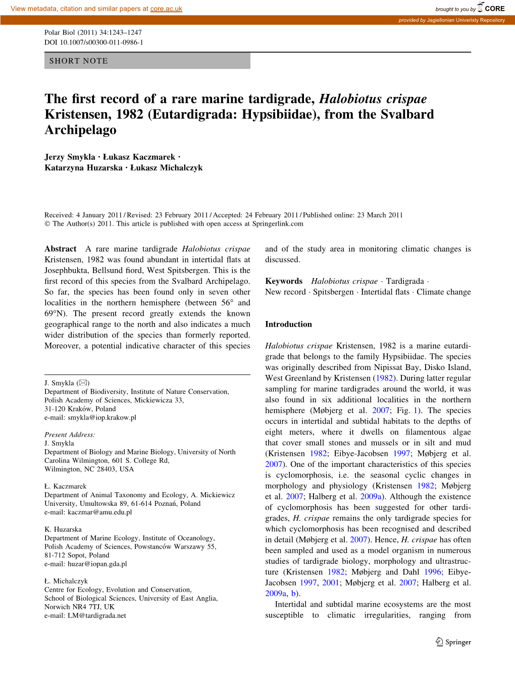 The First Record of a Rare Marine Tardigrade, Halobiotus