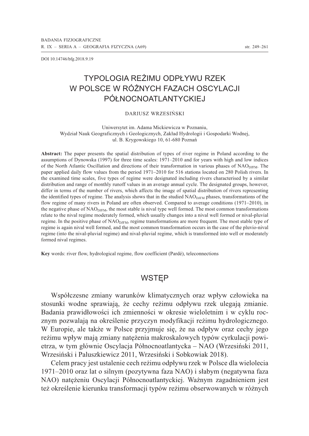 Typologia Reżimu Odpływu Rzek W Polsce W Różnych Fazach Oscylacji Północnoatlantyckiej