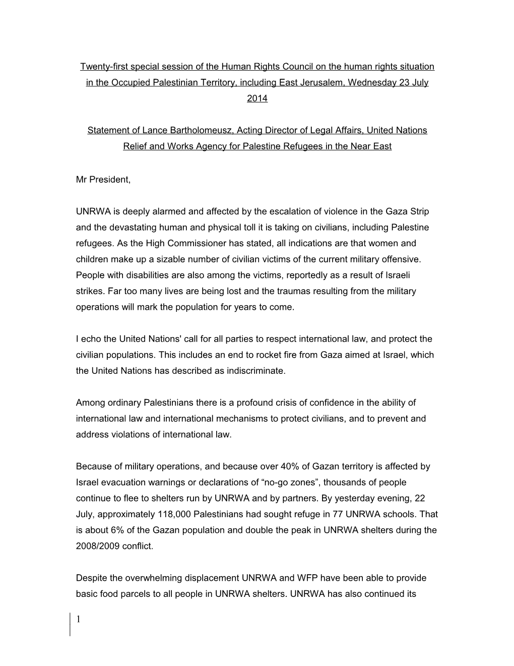 Draft Statement - Human Rights Council Special Session on Gaza, Wed 23 July 2014