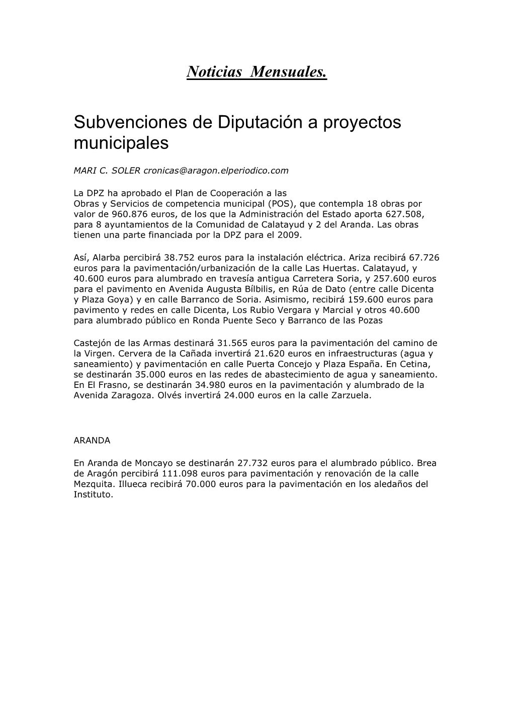 Subvenciones De Diputación a Proyectos Municipales