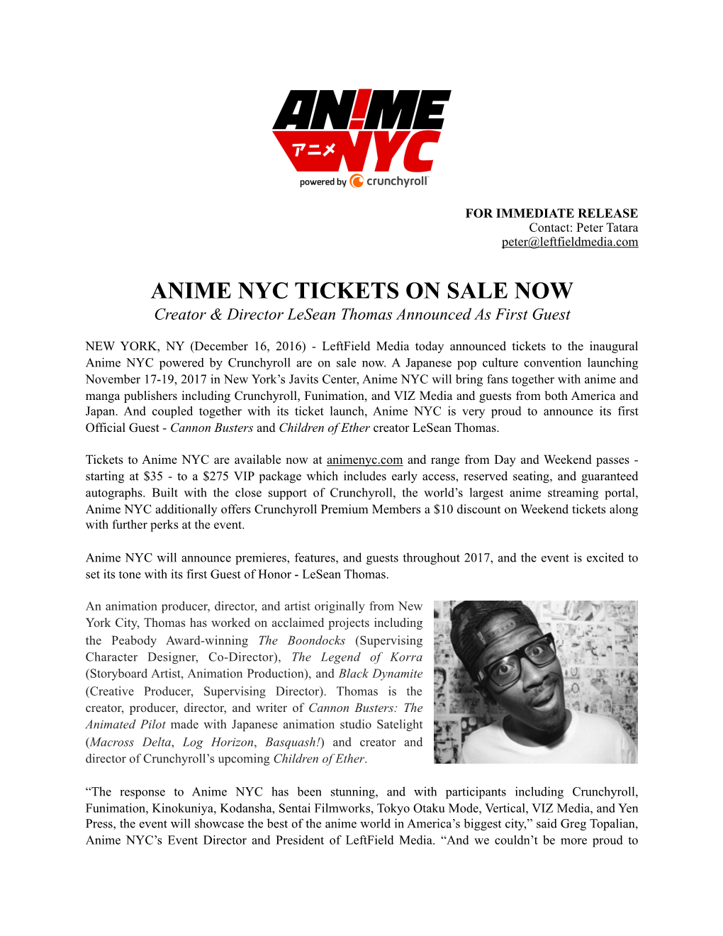 ANIME NYC TICKETS on SALE NOW Creator & Director Lesean Thomas Announced As First Guest