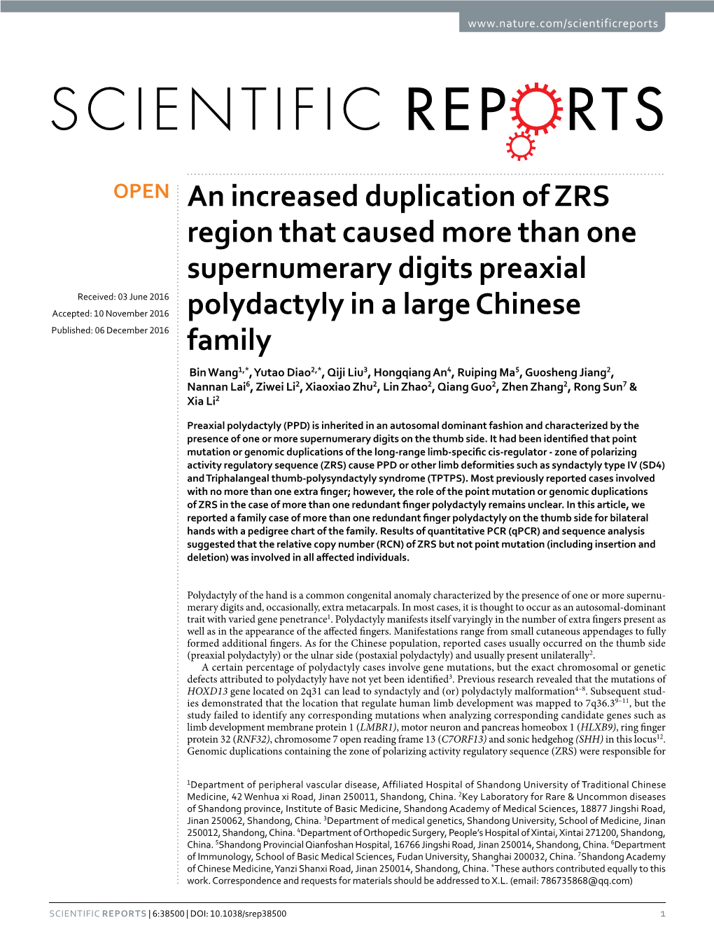 An Increased Duplication of ZRS Region That Caused More Than One Supernumerary Digits Preaxial Polydactyly in a Large Chinese Family