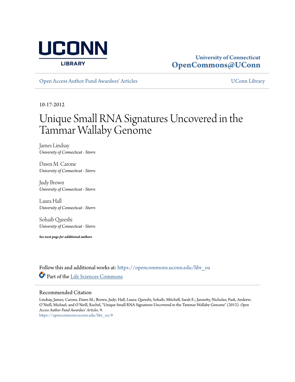 Unique Small RNA Signatures Uncovered in the Tammar Wallaby Genome James Lindsay University of Connecticut - Storrs