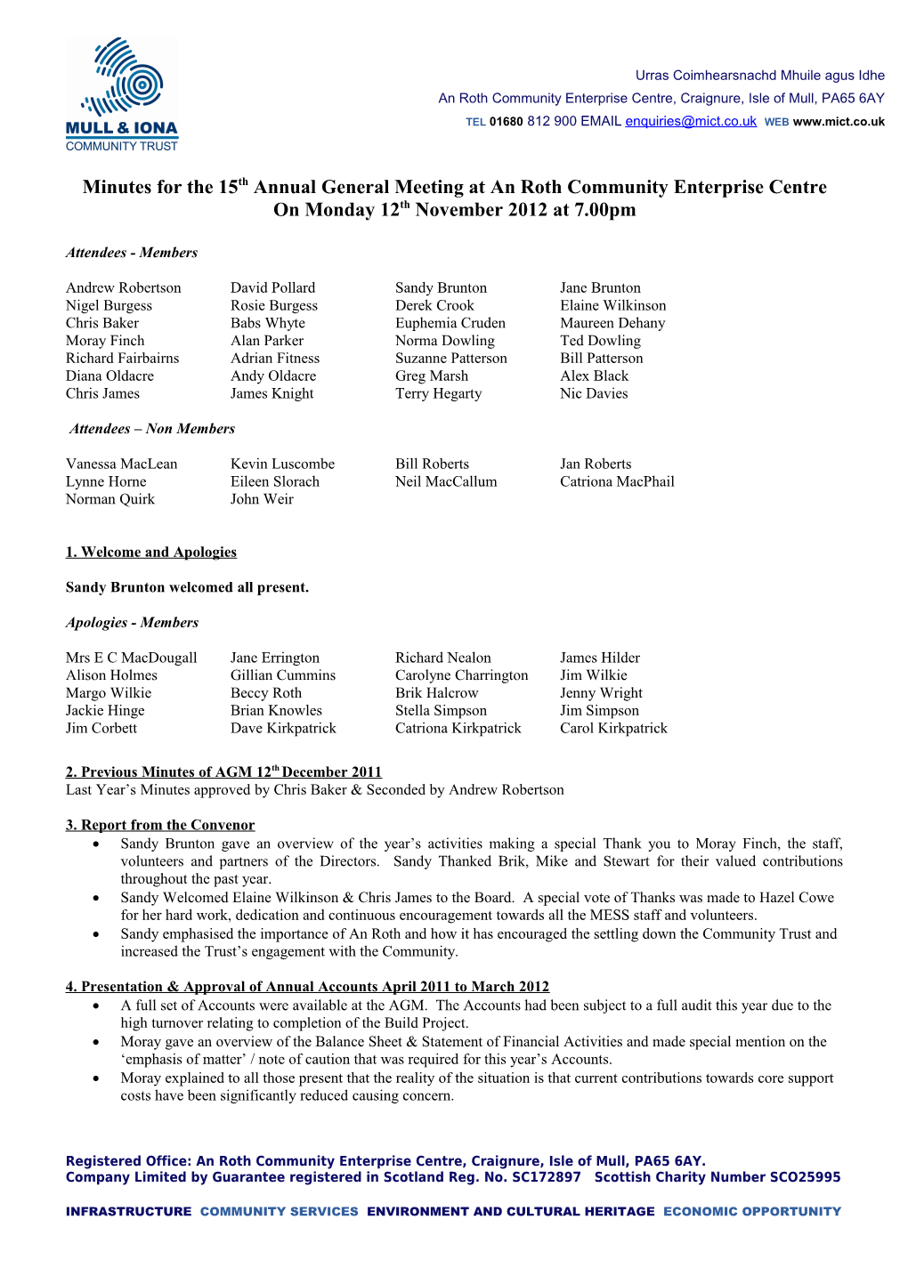 Minutes for the 15Th Annual General Meeting at an Roth Community Enterprise Centre