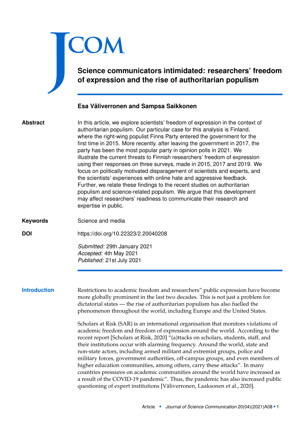 Science Communicators Intimidated: Researchers' Freedom of Expression and the Rise of Authoritarian Populism