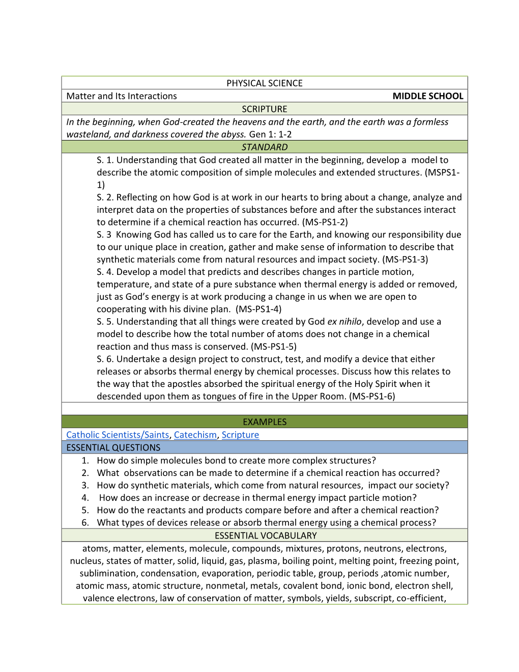 PHYSICAL SCIENCE Matter and Its Interactions MIDDLE SCHOOL SCRIPTURE in the Beginning, When God-Created the Heavens and the Eart