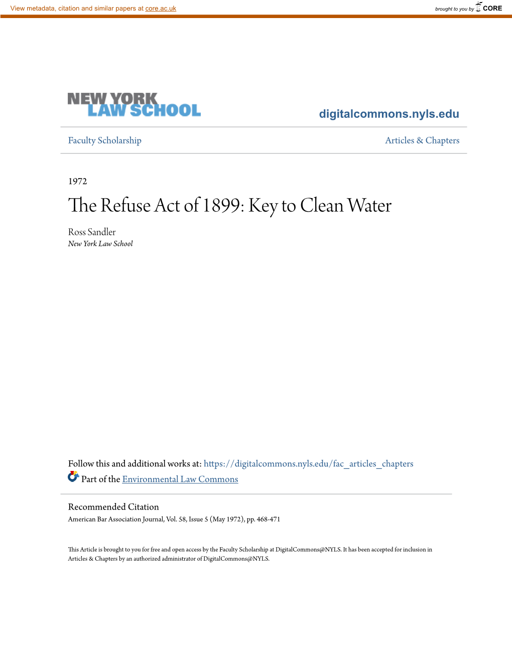 The Refuse Act of 1899: Key to Clean Water Ross Sandler New York Law School