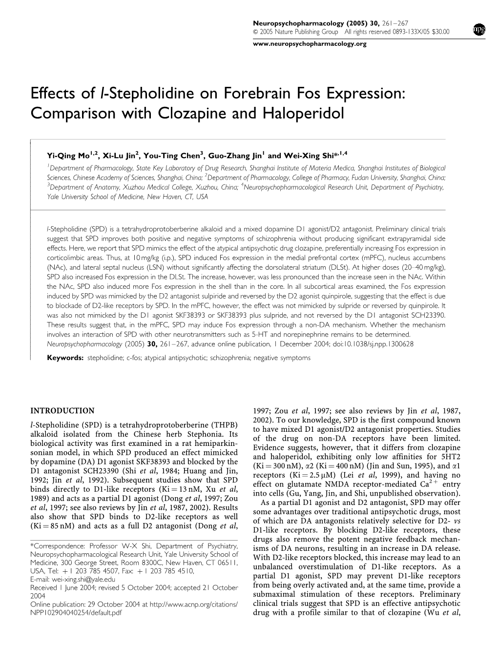 Effects of L-Stepholidine on Forebrain Fos Expression: Comparison with Clozapine and Haloperidol