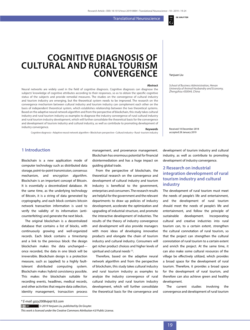 COGNITIVE DIAGNOSIS of CULTURAL and RURAL TOURISM CONVERGENCE Yanjuan Liu