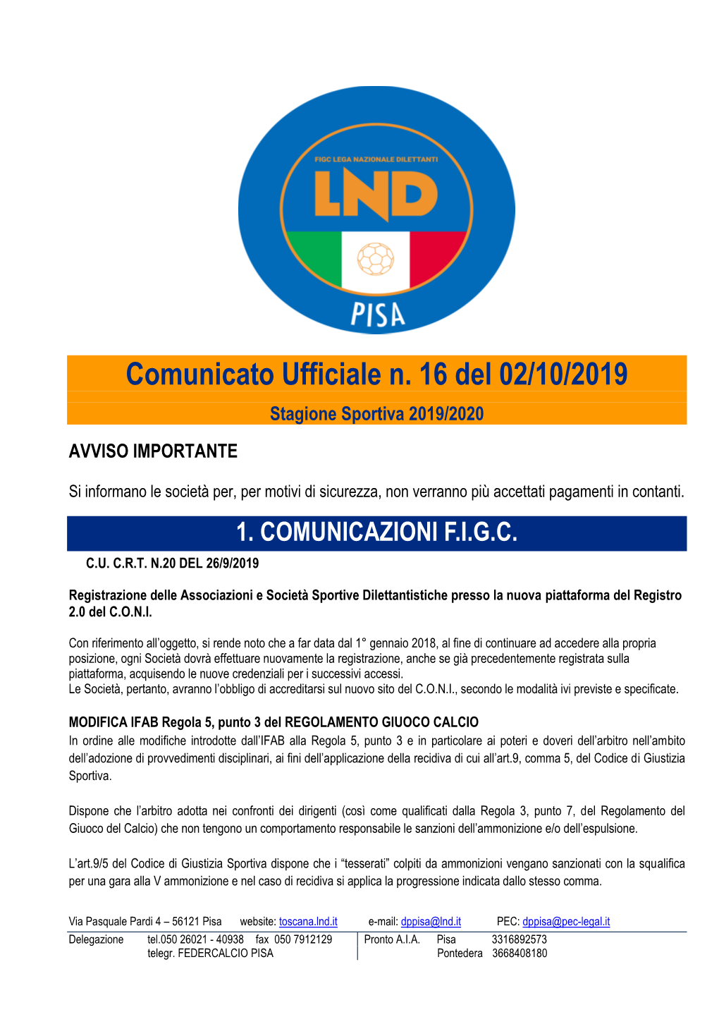 Comunicato Ufficiale N. 16 Del 02/10/2019