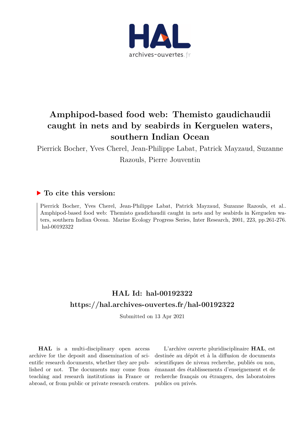 Amphipod-Based Food Web: Themisto Gaudichaudii Caught in Nets and by Seabirds in Kerguelen Waters, Southern Indian Ocean