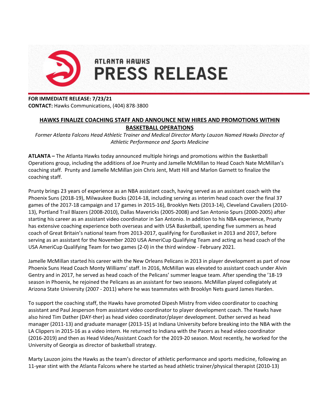 Hawks Finalize Coaching Staff and Announce New Hires and Promotions Within Basketball Operations