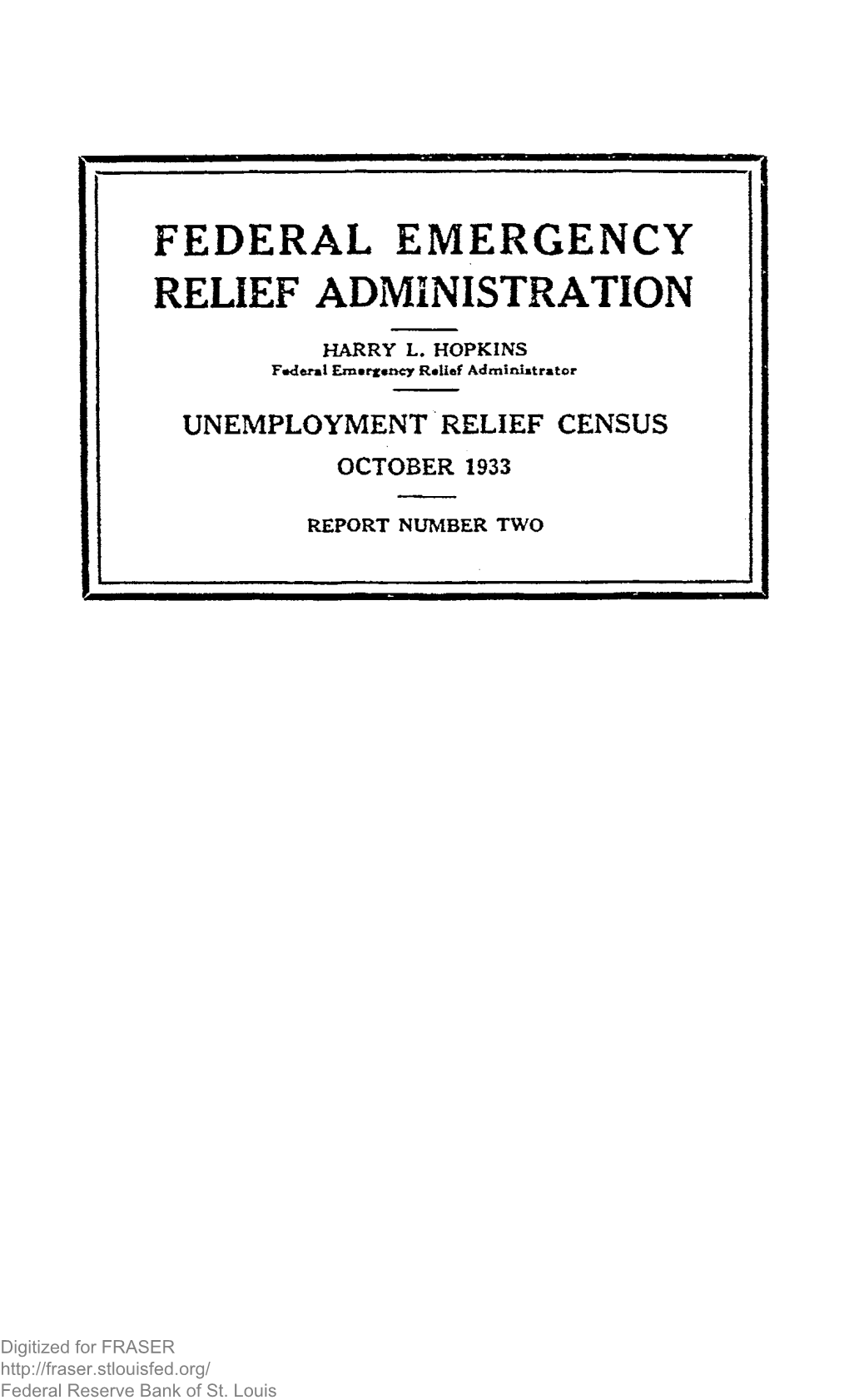 Unemployment Relief Census. October, 1933