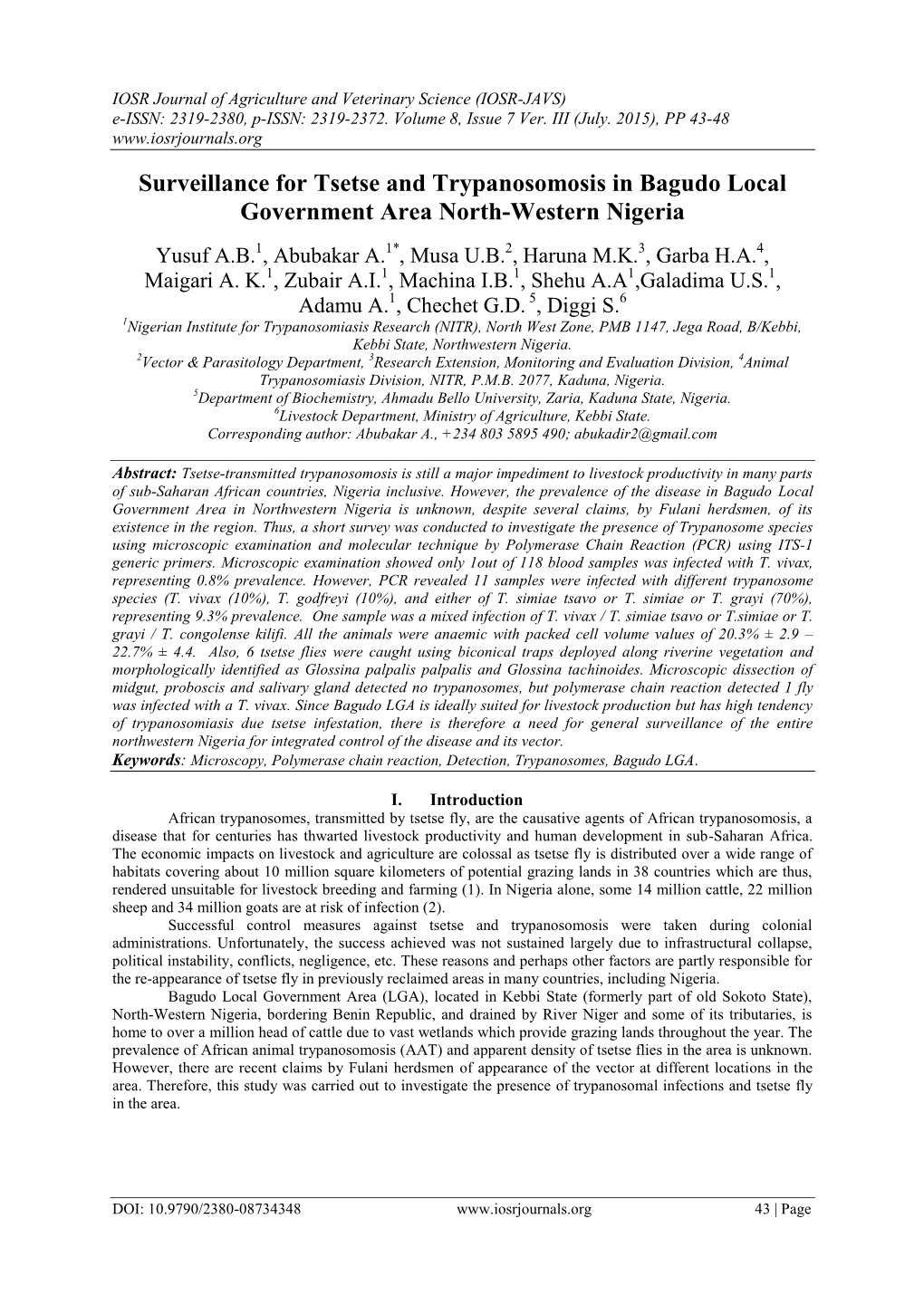 Surveillance for Tsetse and Trypanosomosis in Bagudo Local Government Area North-Western Nigeria