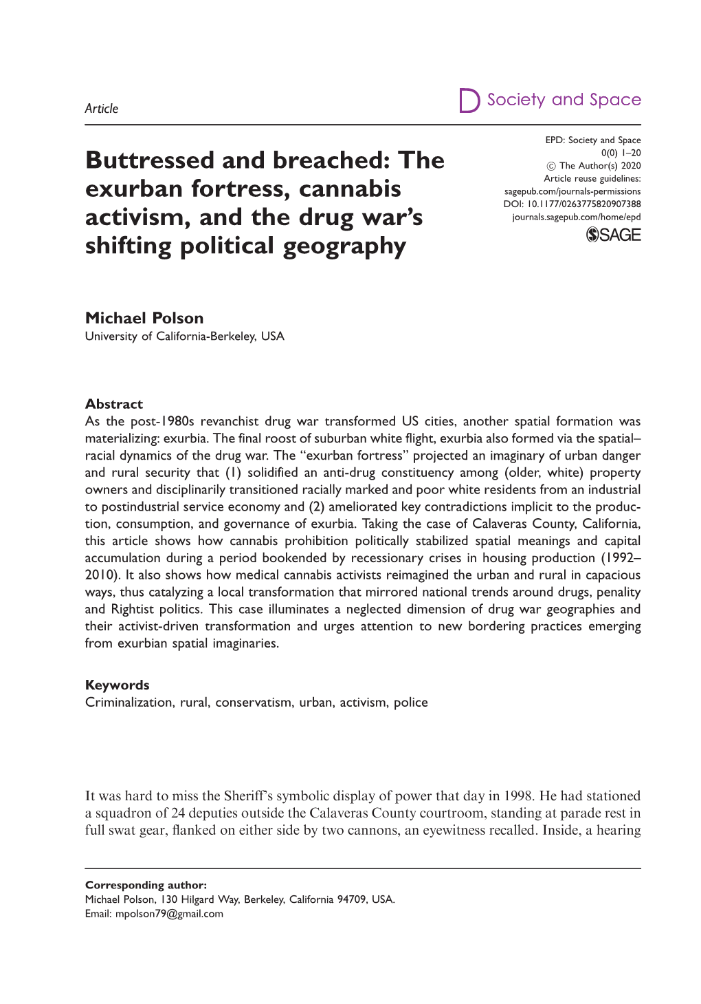 Buttressed and Breached: the Exurban Fortress, Cannabis Activism, and the Drug War's Shifting Political Geography