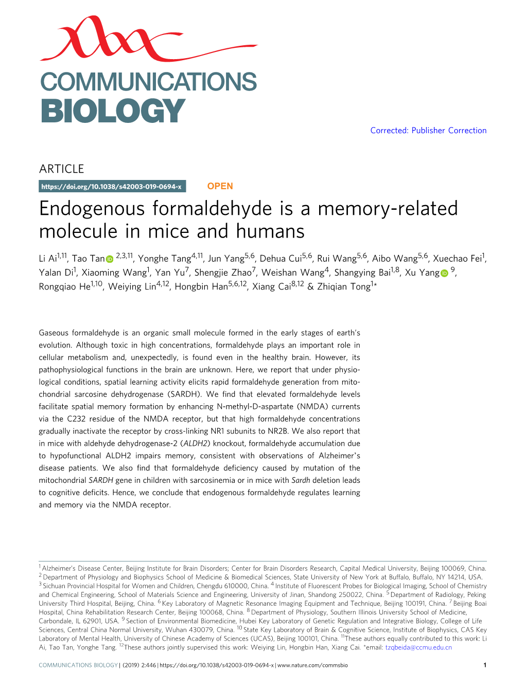 Endogenous Formaldehyde Is a Memory-Related Molecule in Mice and Humans