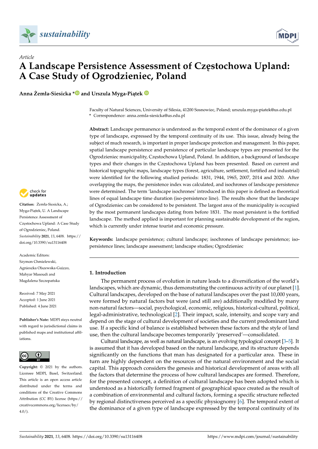 A Landscape Persistence Assessment of Częstochowa Upland