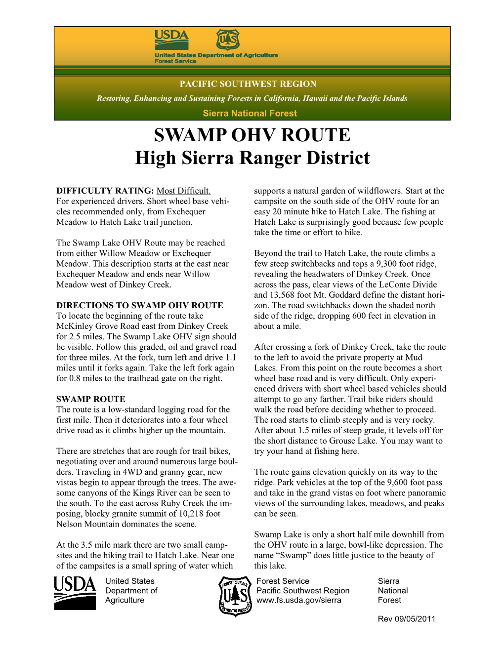 SWAMP OHV ROUTE High Sierra Ranger District