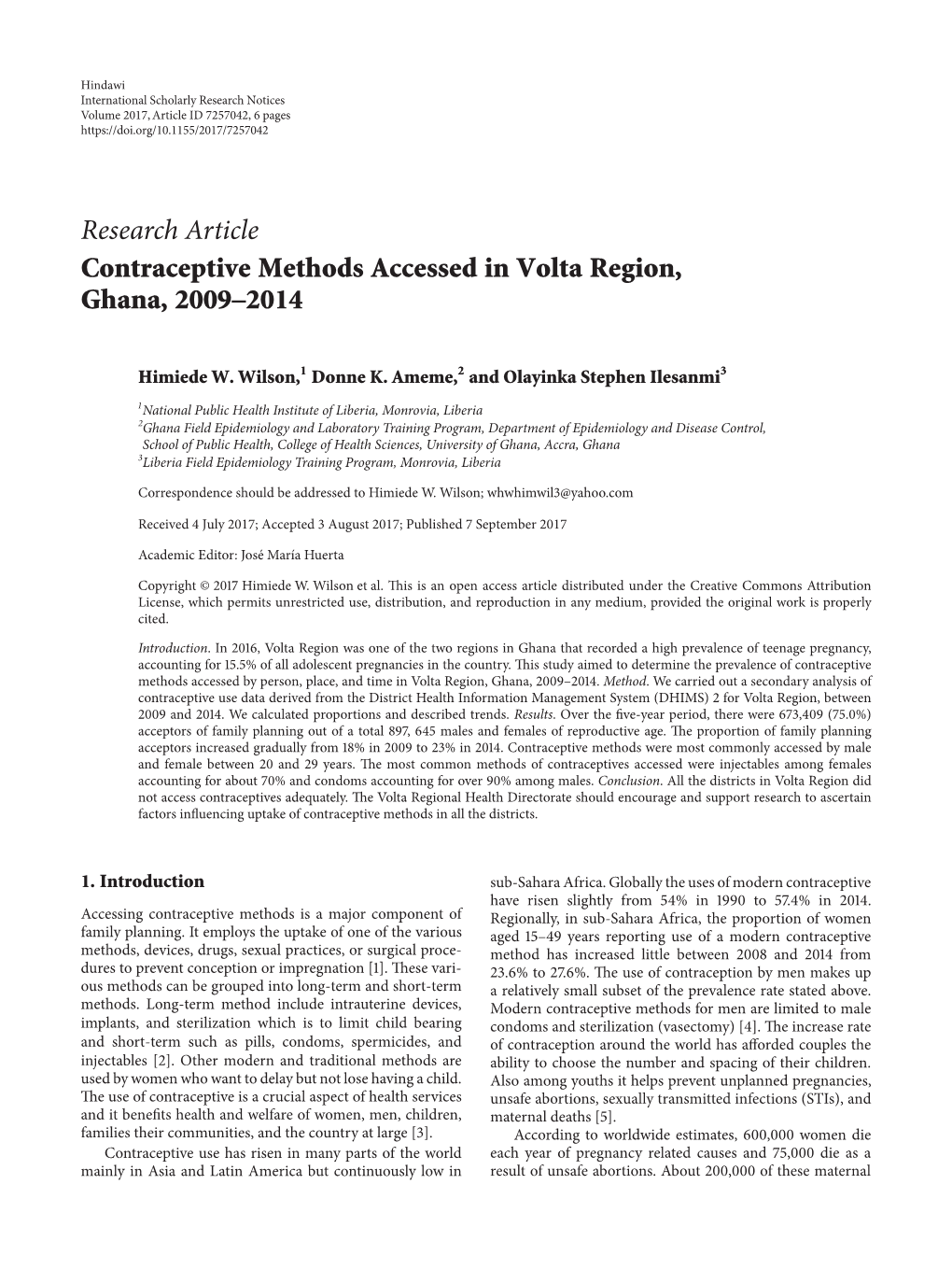 Contraceptive Methods Accessed in Volta Region, Ghana, 2009–2014