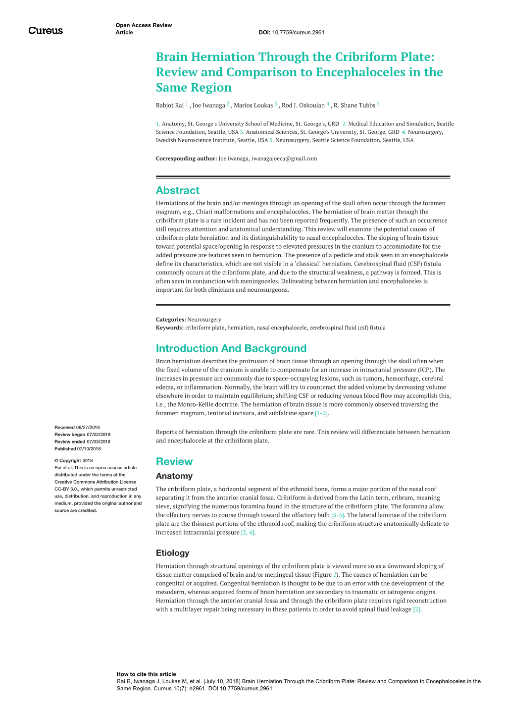 Brain Herniation Through the Cribriform Plate: Review and Comparison to Encephaloceles in the Same Region