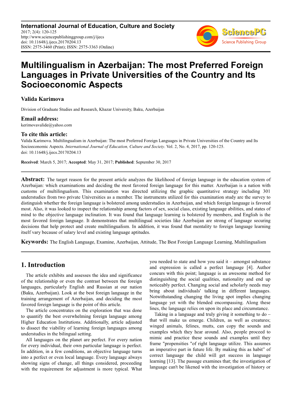 Multilingualism in Azerbaijan: the Most Preferred Foreign Languages in Private Universities of the Country and Its Socioeconomic Aspects