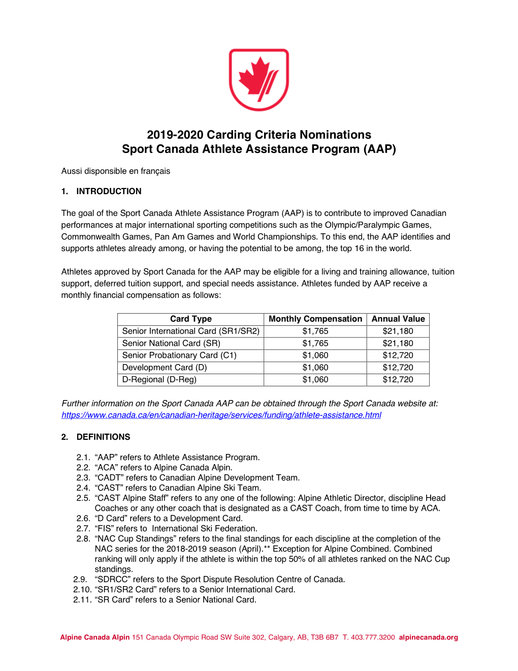 2019-2020 Carding Criteria Nominations Sport Canada Athlete Assistance Program (AAP)