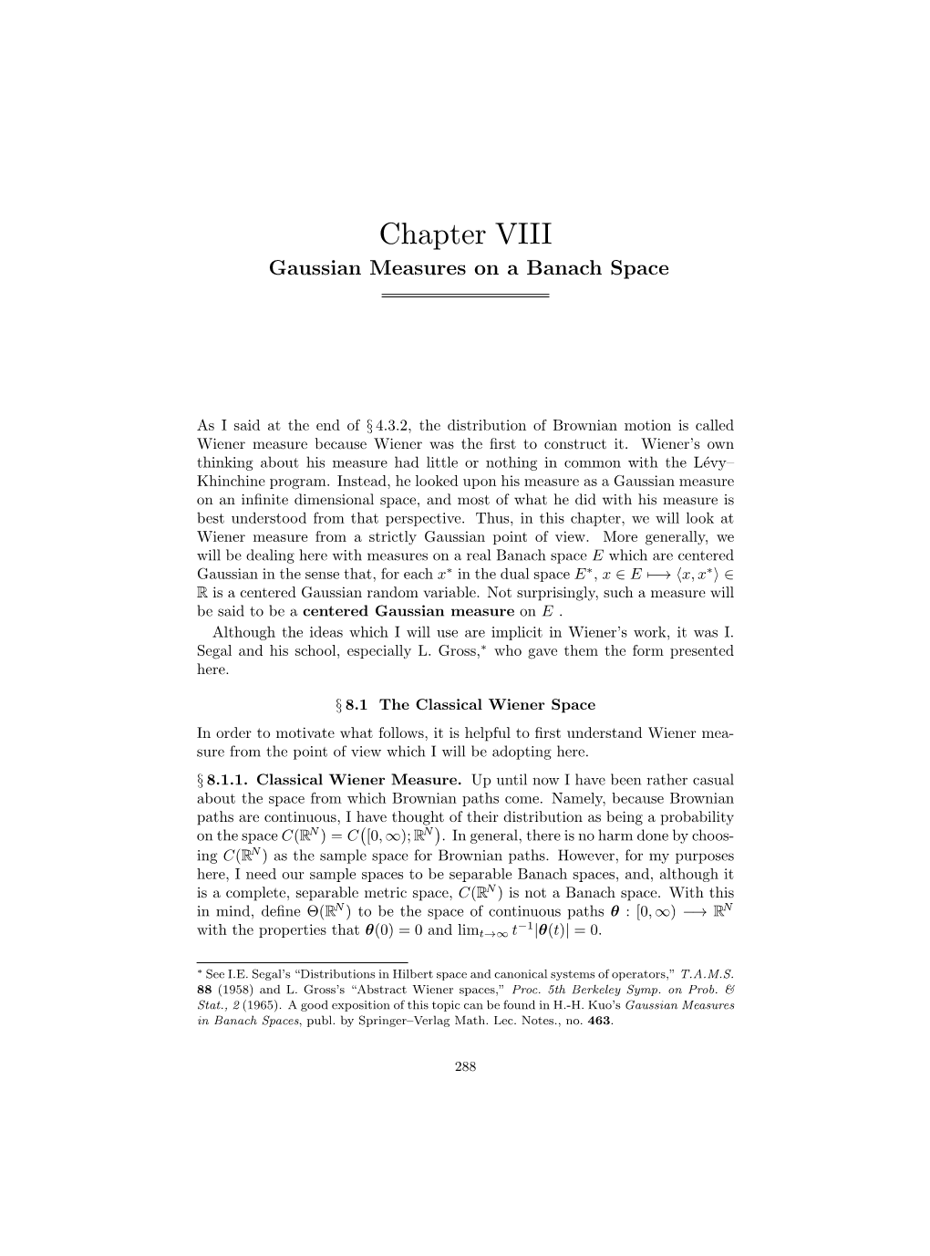 Chapter VIII Gaussian Measures on a Banach Space