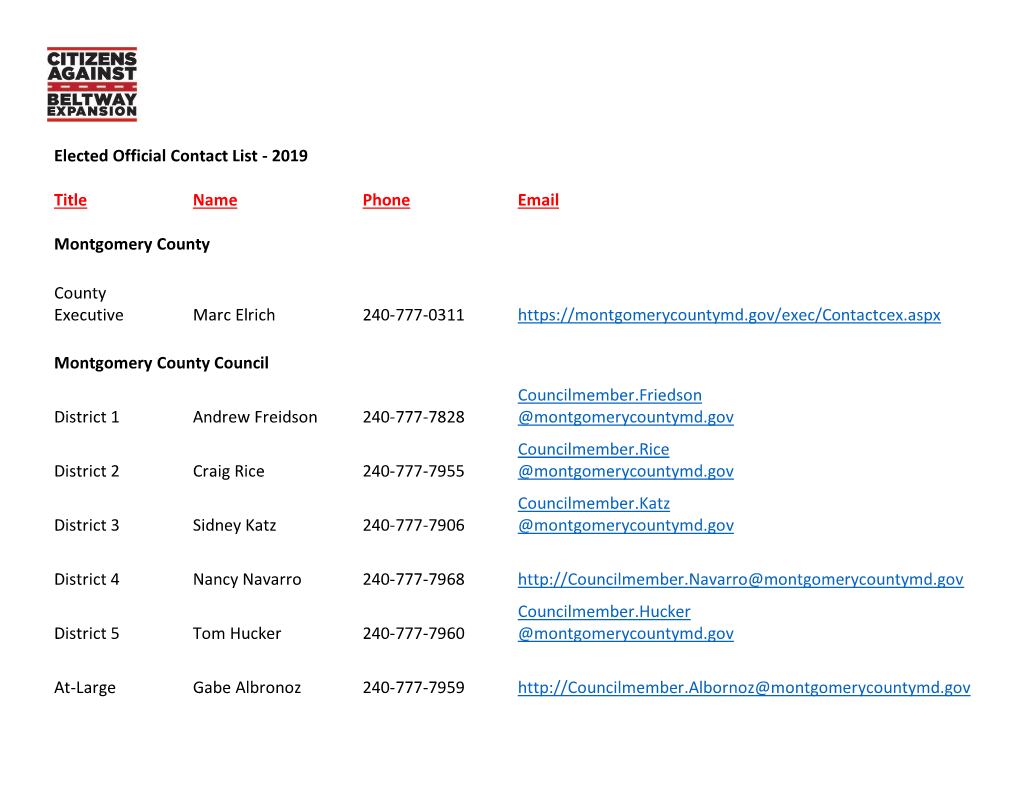 2019 Contact List for Area Elected Officials