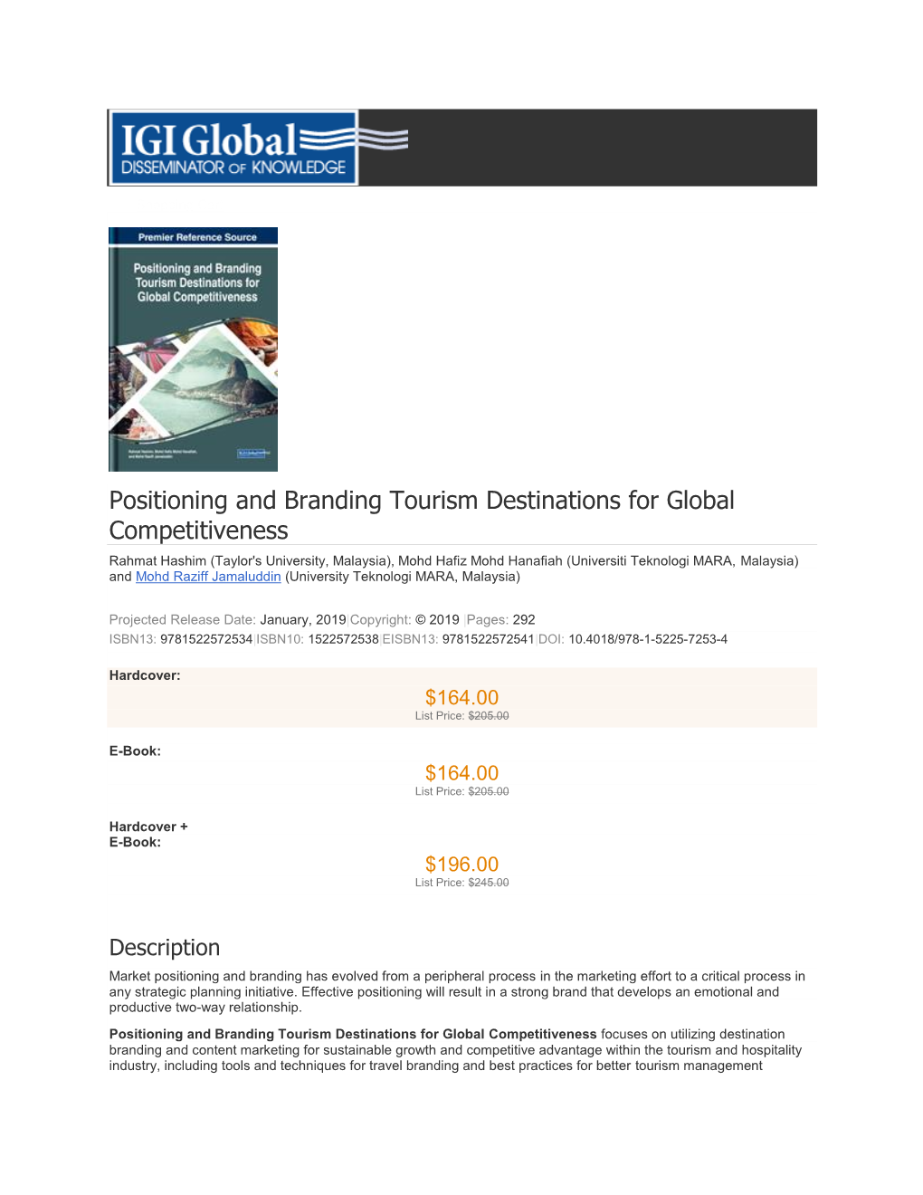 Positioning and Branding Tourism Destinations for Global