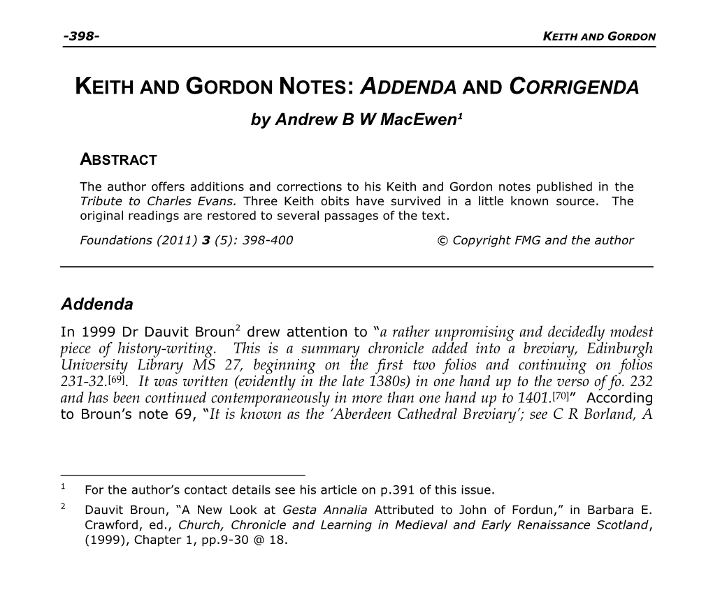 KEITH and GORDON NOTES: ADDENDA and CORRIGENDA by Andrew B W Macewen1