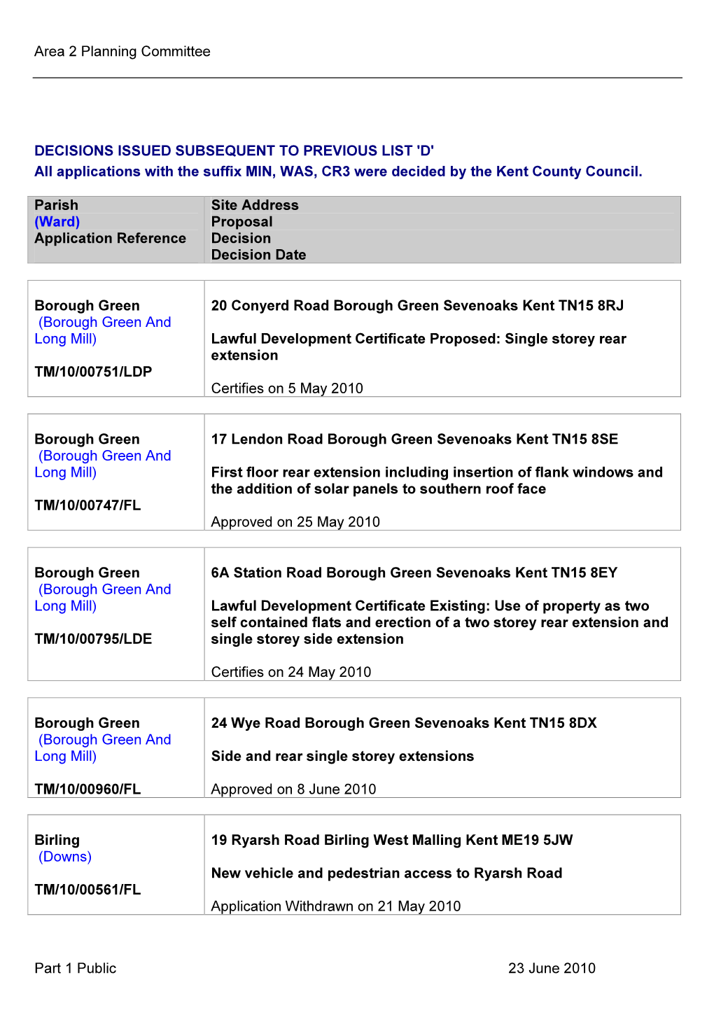 Area 2 Planning Committee Part 1 Public 23 June 2010 DECISIONS