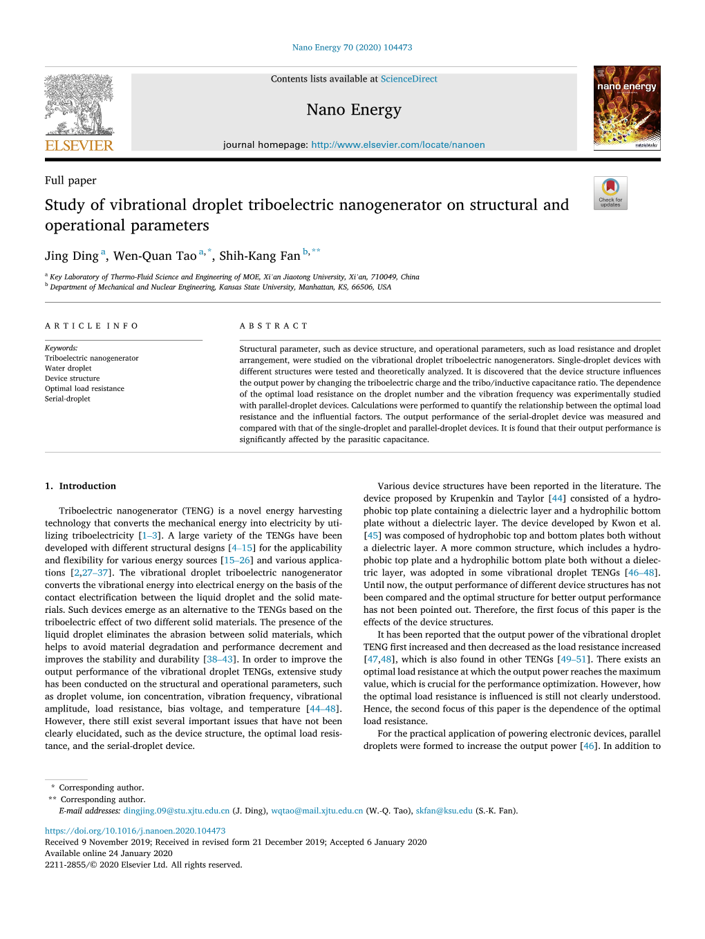 Study of Vibrational Droplet Triboelectric Nanogenerator on Structural and Operational Parameters