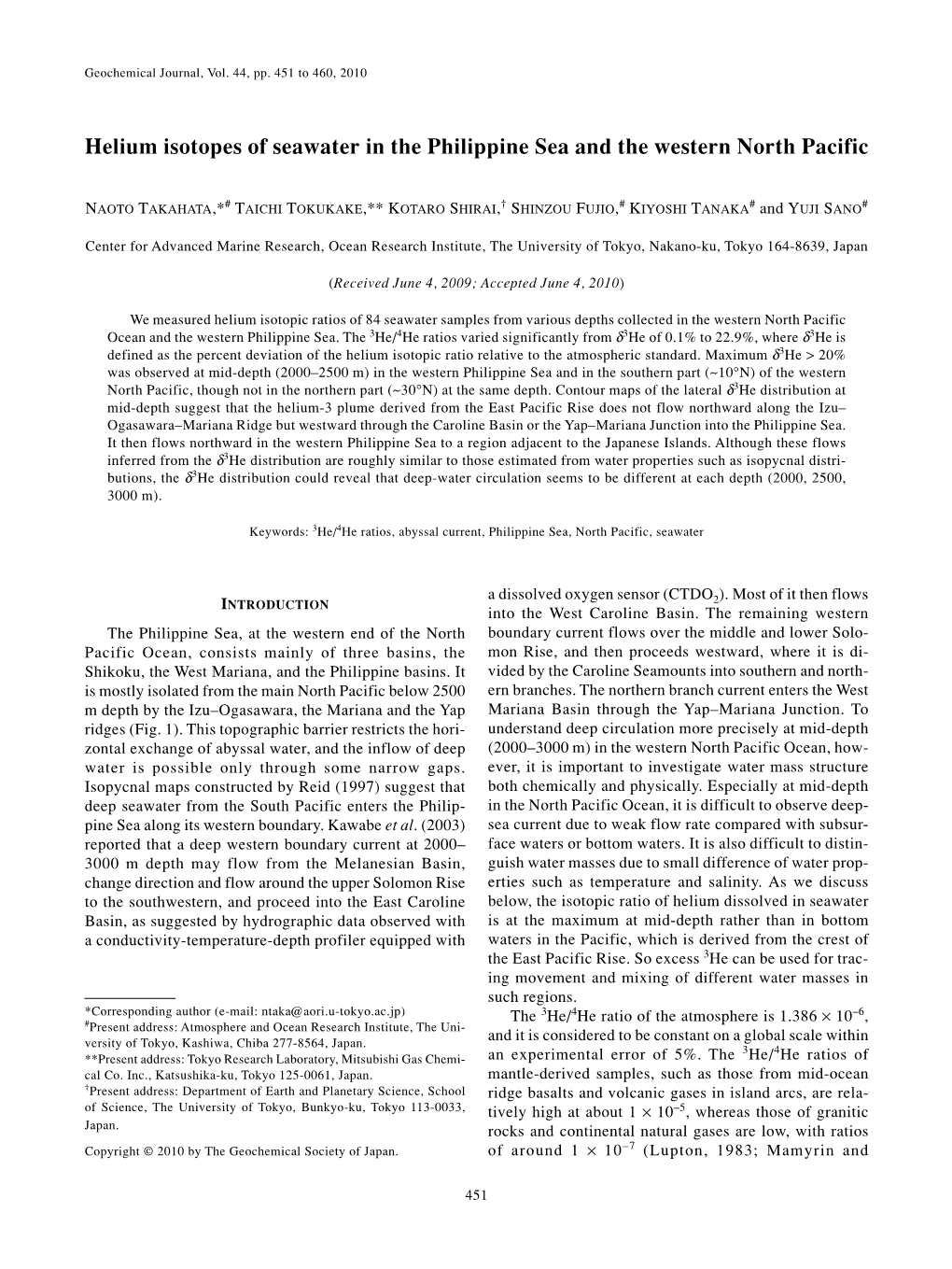 Helium Isotopes of Seawater in the Philippine Sea and the Western North Pacific