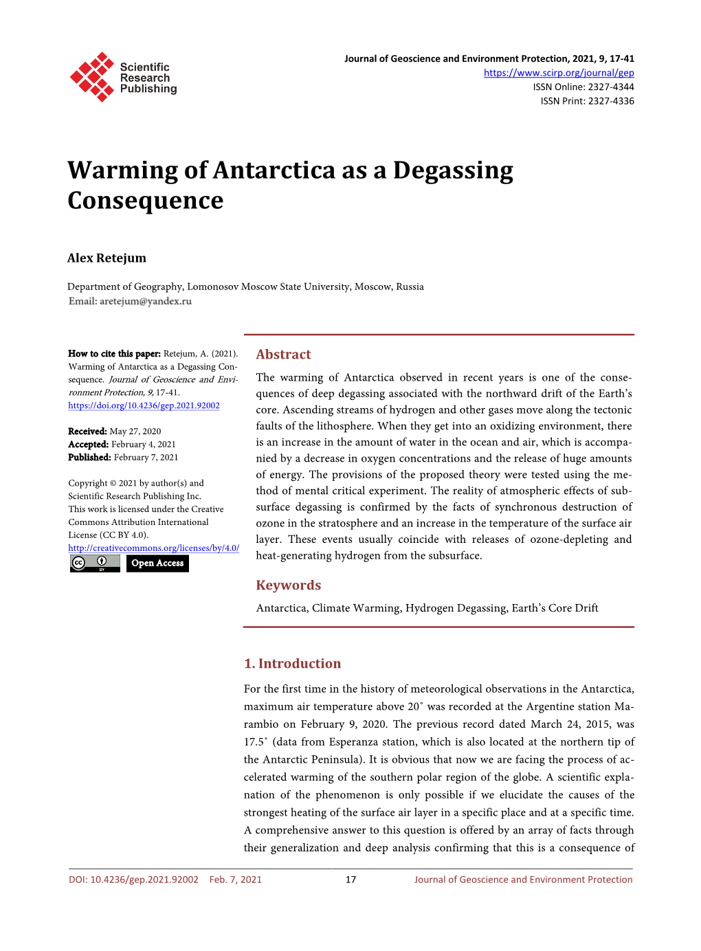 Warming of Antarctica As a Degassing Consequence