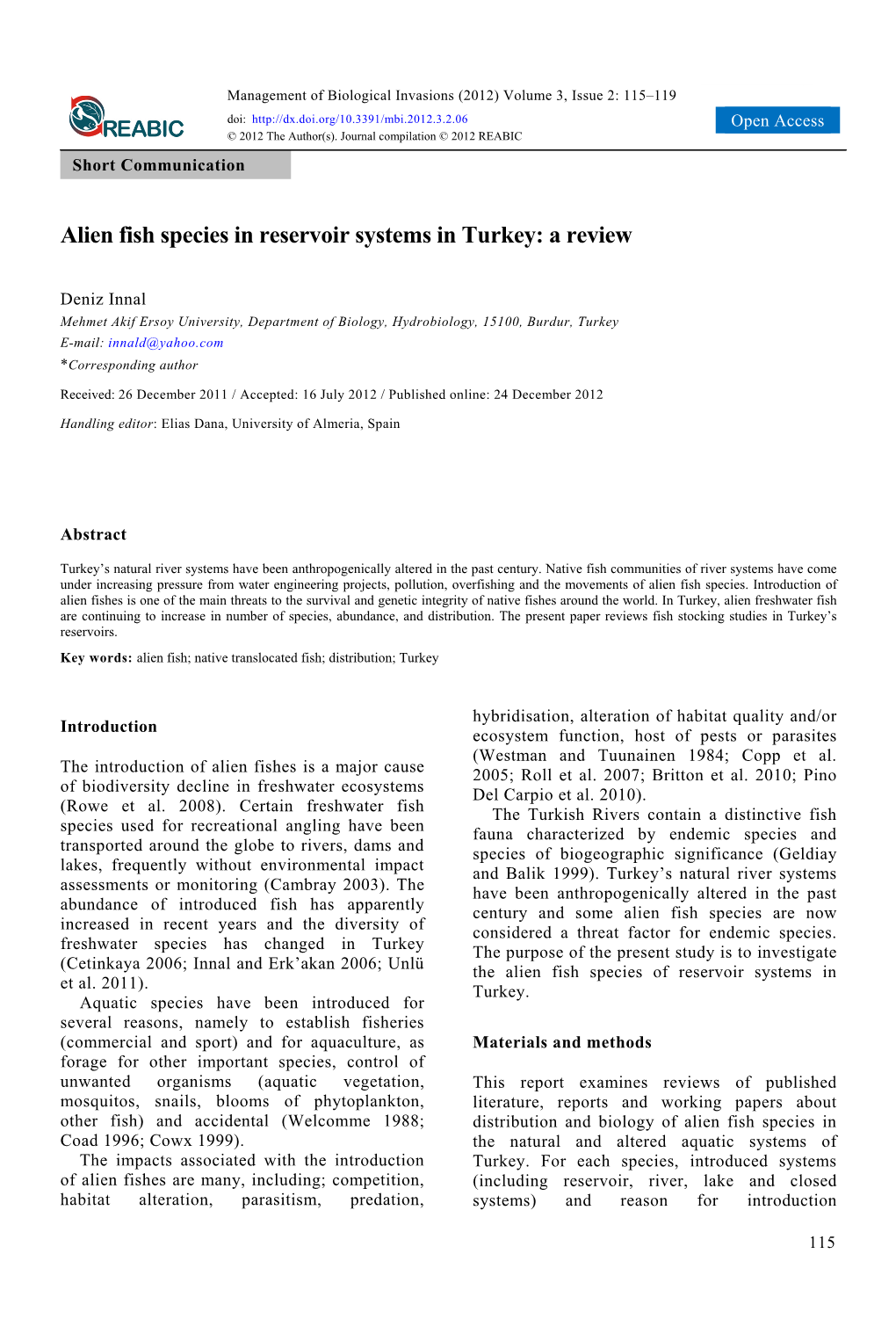 Alien Fish Species in Reservoir Systems in Turkey: a Review