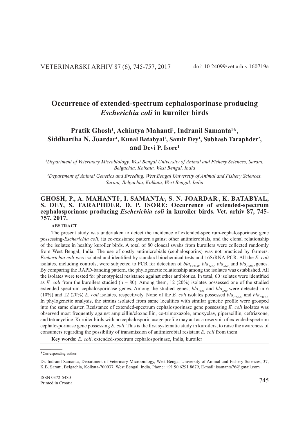 Occurrence of Extended-Spectrum Cephalosporinase Producing Escherichia Coli in Kuroiler Birds