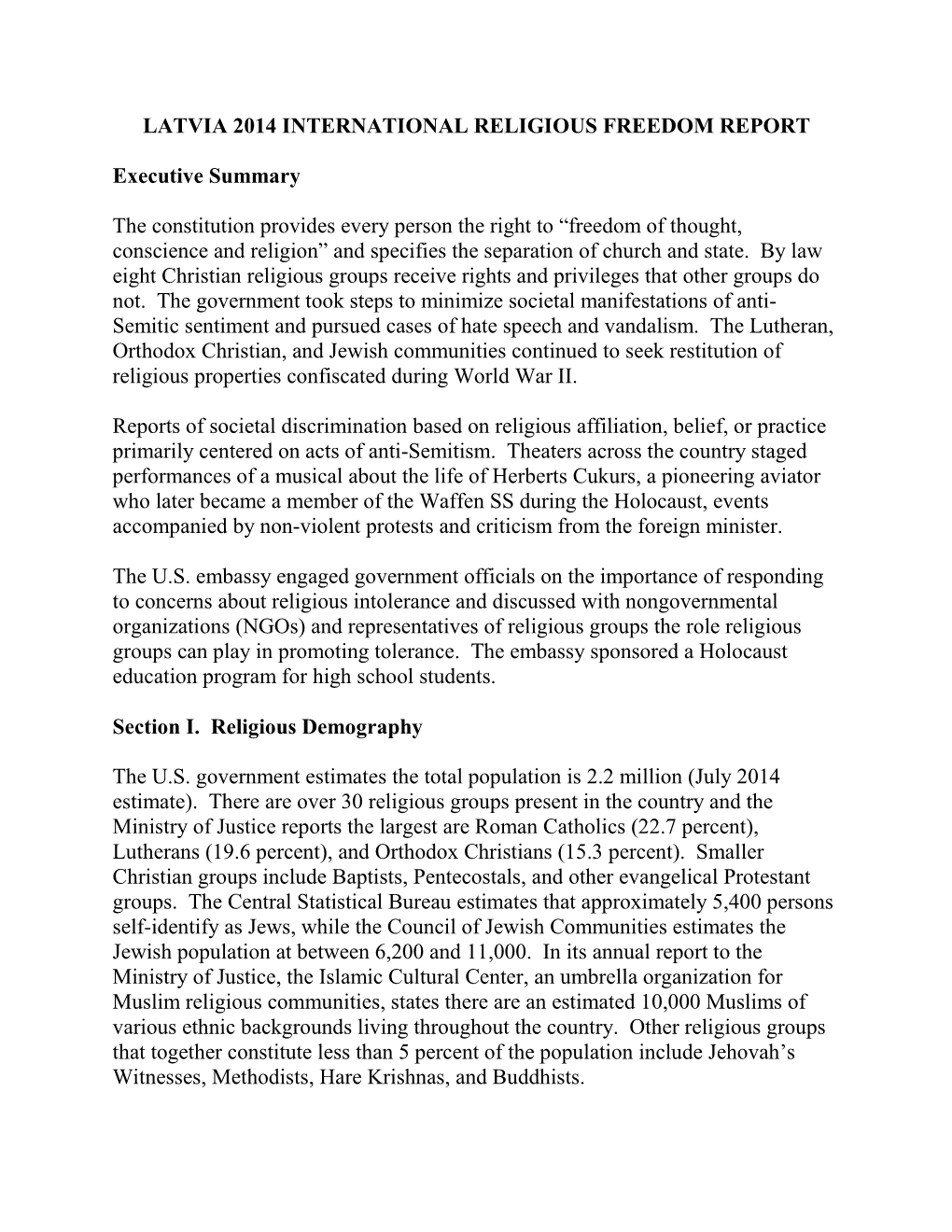 Latvia 2014 International Religious Freedom Report