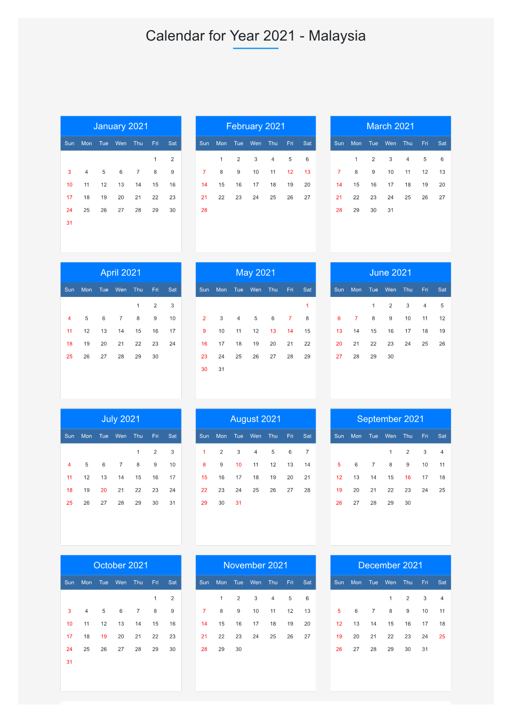 Calendar for Year 2021 - Malaysia