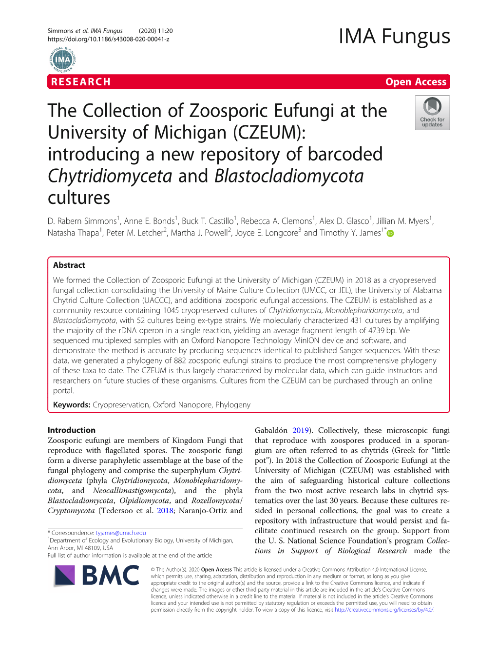 The Collection of Zoosporic Eufungi at the University of Michigan (CZEUM): Introducing a New Repository of Barcoded Chytridiomyceta and Blastocladiomycota Cultures D
