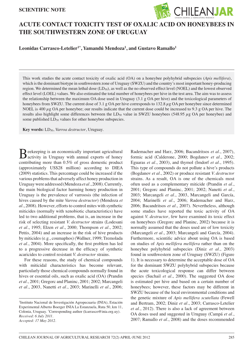 Acute Contact Toxicity Test of Oxalic Acid on Honeybees in the Southwestern Zone of Uruguay