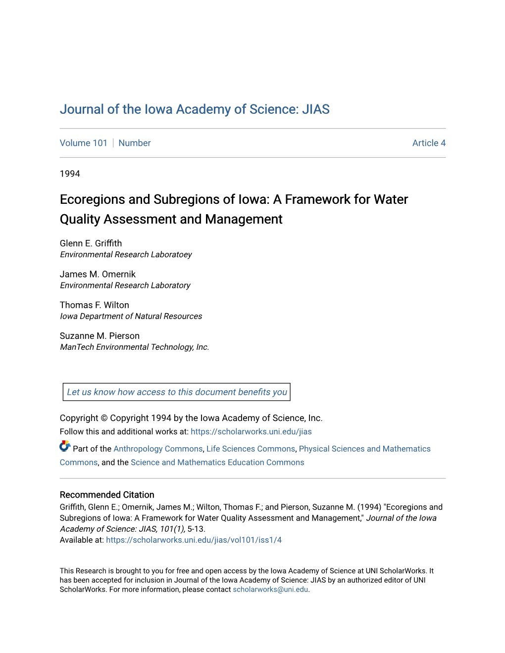 Ecoregions and Subregions of Iowa: a Framework for Water Quality Assessment and Management