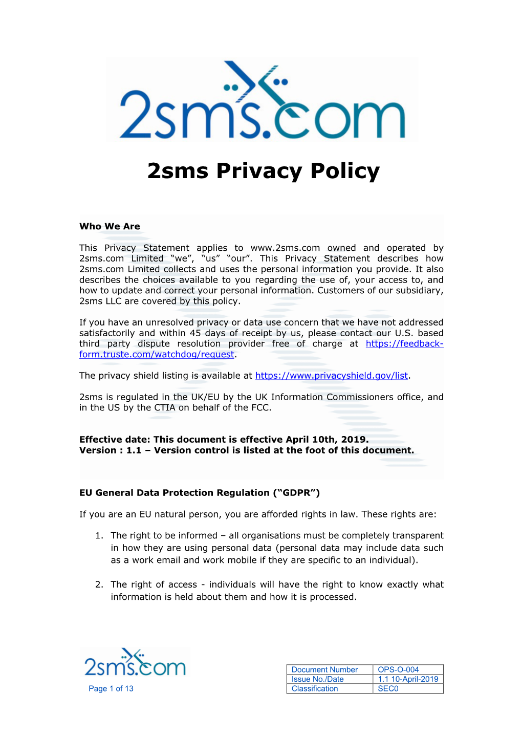 2Sms Privacy Policy