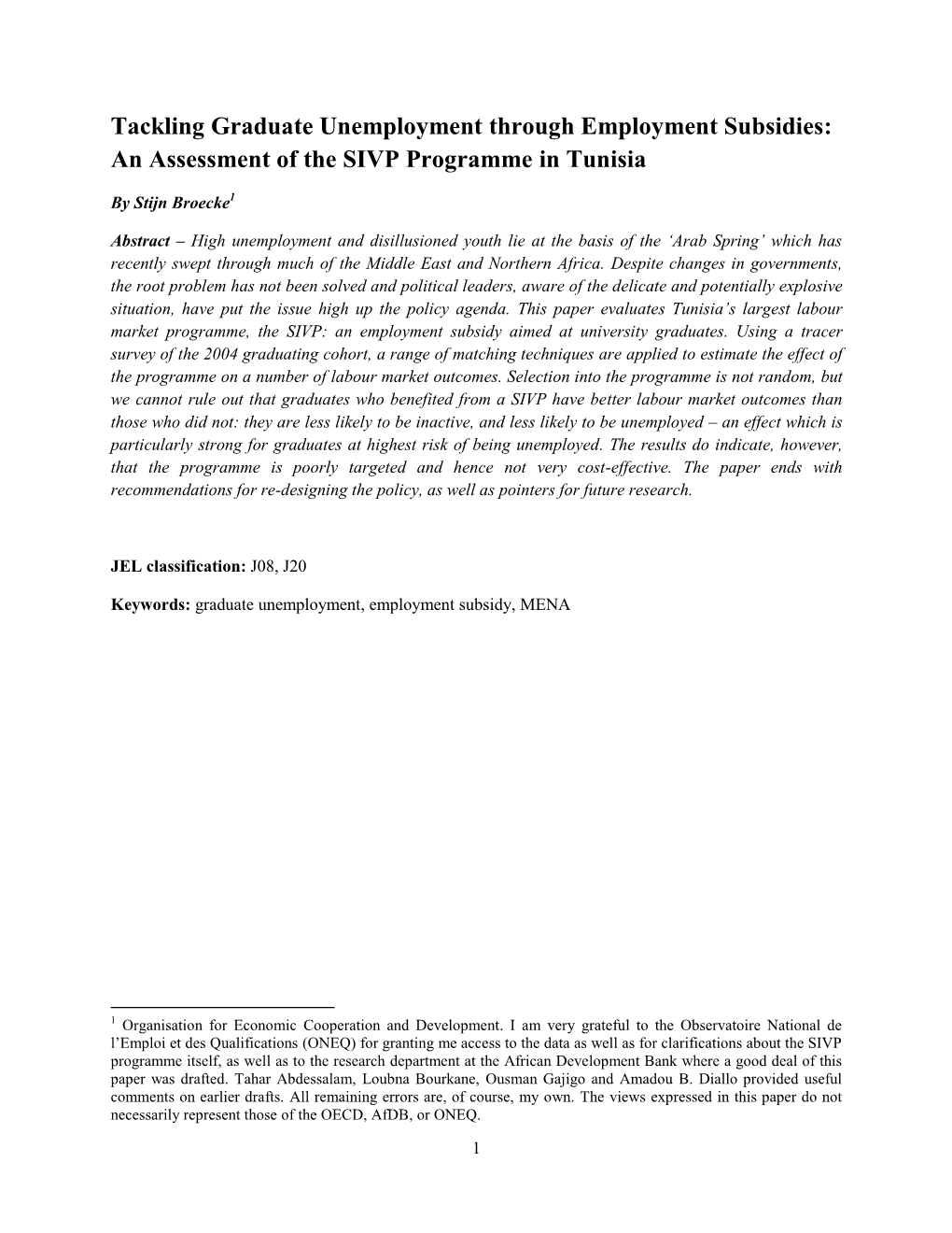 Tackling Graduate Unemployment Through Employment Subsidies: an Assessment of the SIVP Programme in Tunisia