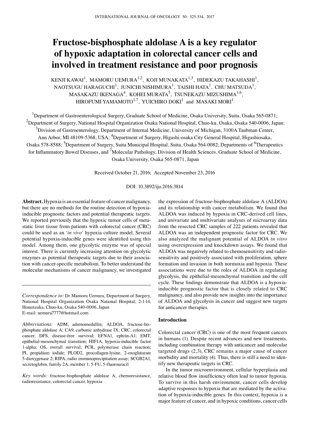 Fructose-Bisphosphate Aldolase a Is a Key Regulator of Hypoxic Adaptation in Colorectal Cancer Cells and Involved in Treatment Resistance and Poor Prognosis