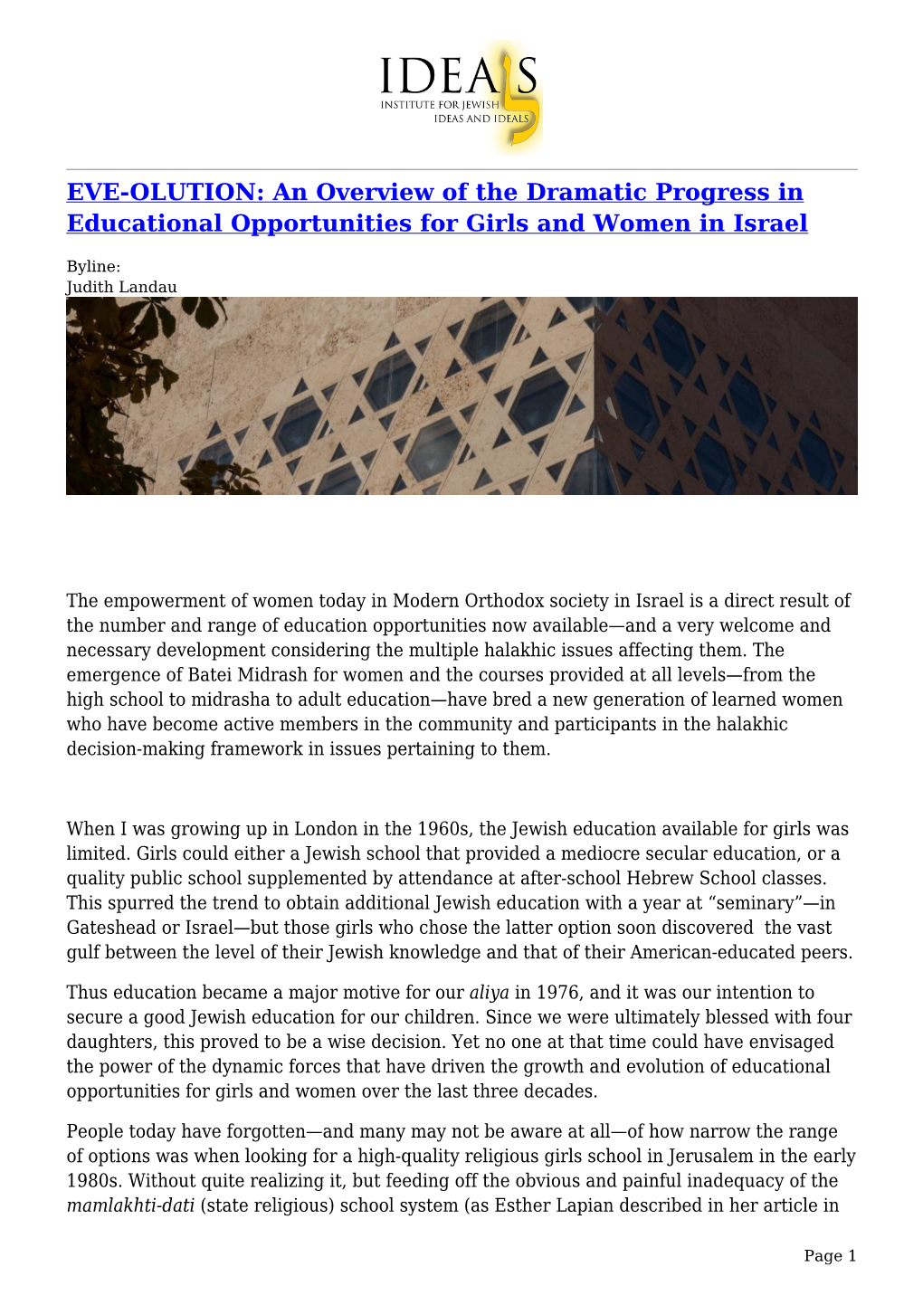 EVE-OLUTION: an Overview of the Dramatic Progress in Educational Opportunities for Girls and Women in Israel