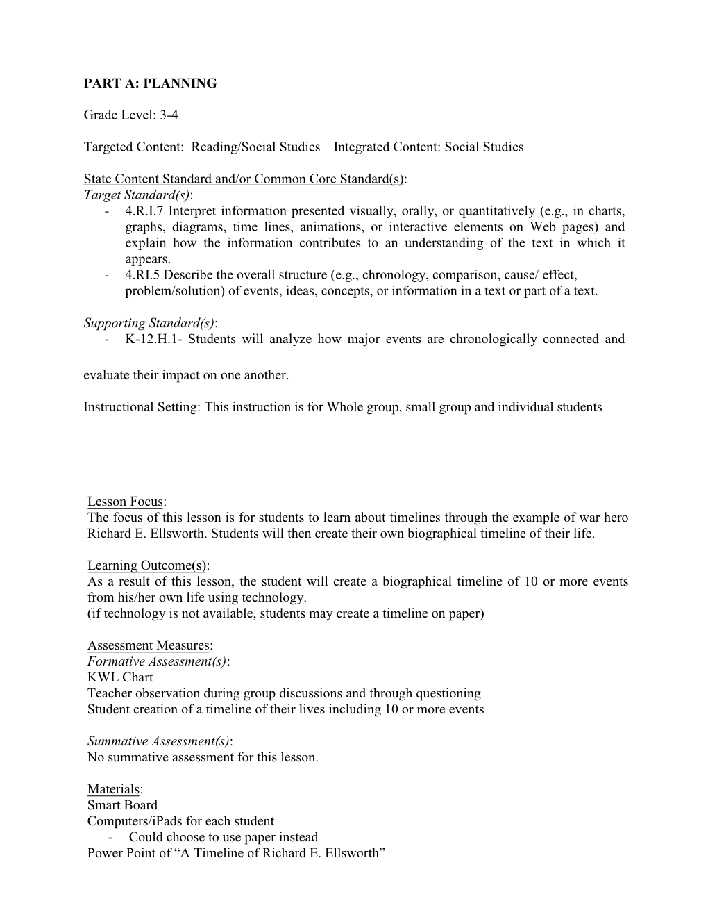 Ellsworth Timeline Lesson Plan 1 and 2