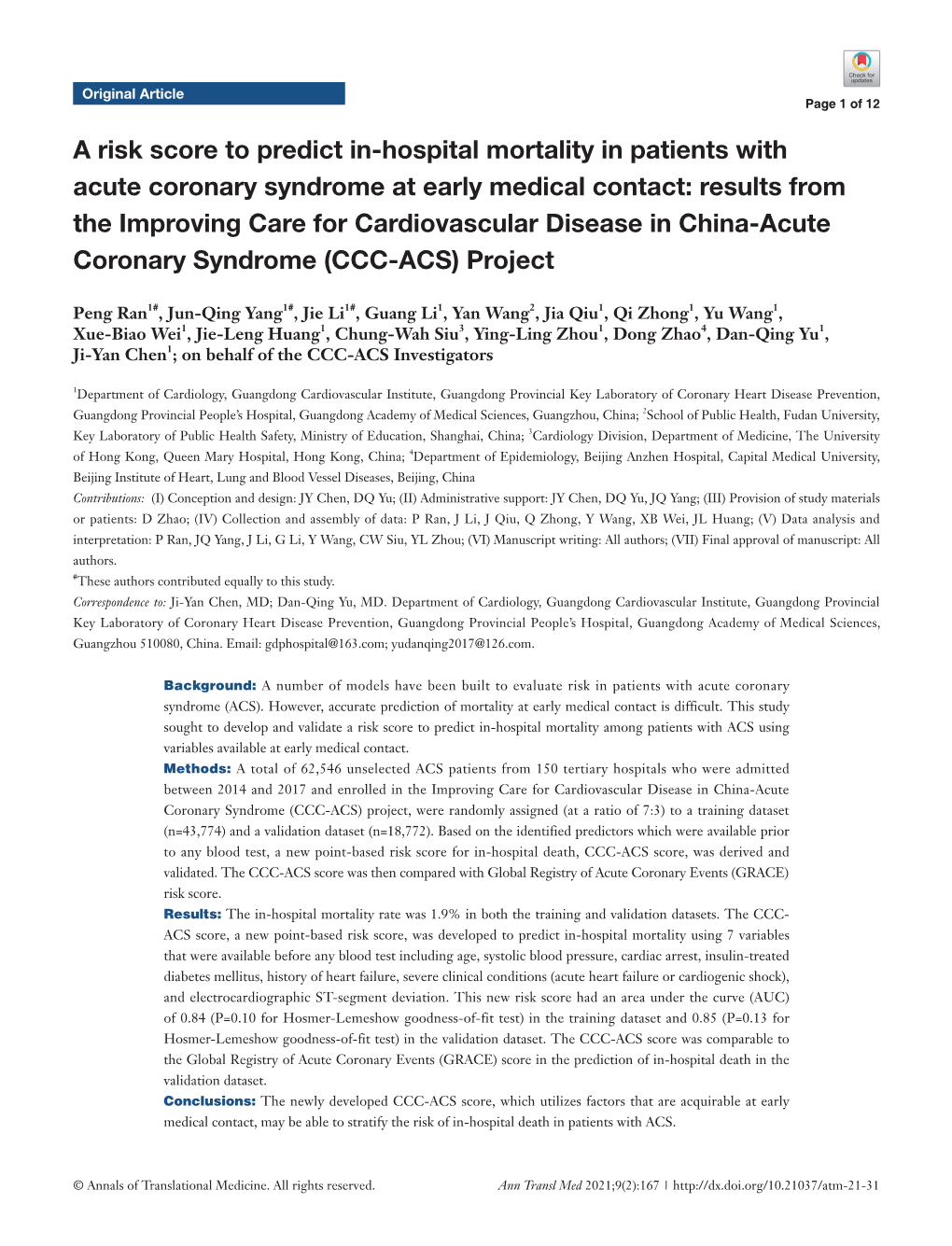 A Risk Score to Predict In-Hospital Mortality in Patients with Acute