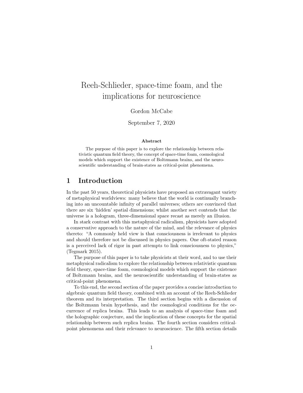 Reeh-Schlieder, Space-Time Foam, and the Implications for Neuroscience