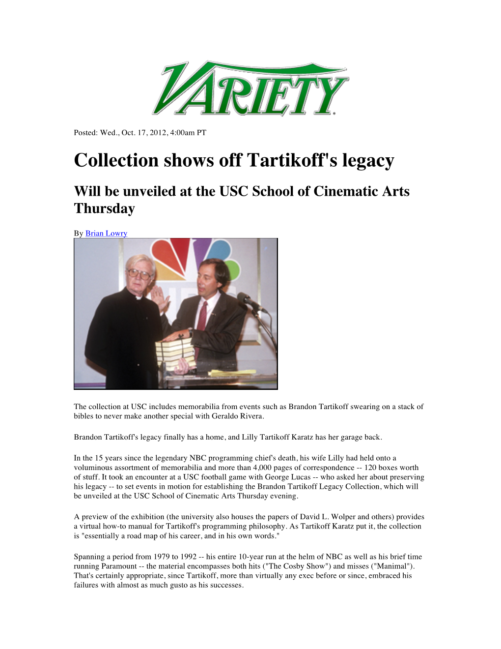 Collection Shows Off Tartikoff's Legacy Will Be Unveiled at the USC School of Cinematic Arts Thursday